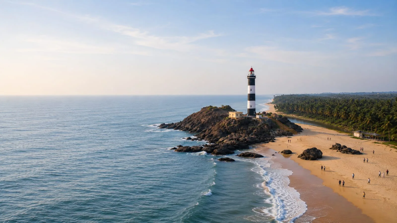 Coastal Karnataka shoreline with lighthouse and beach