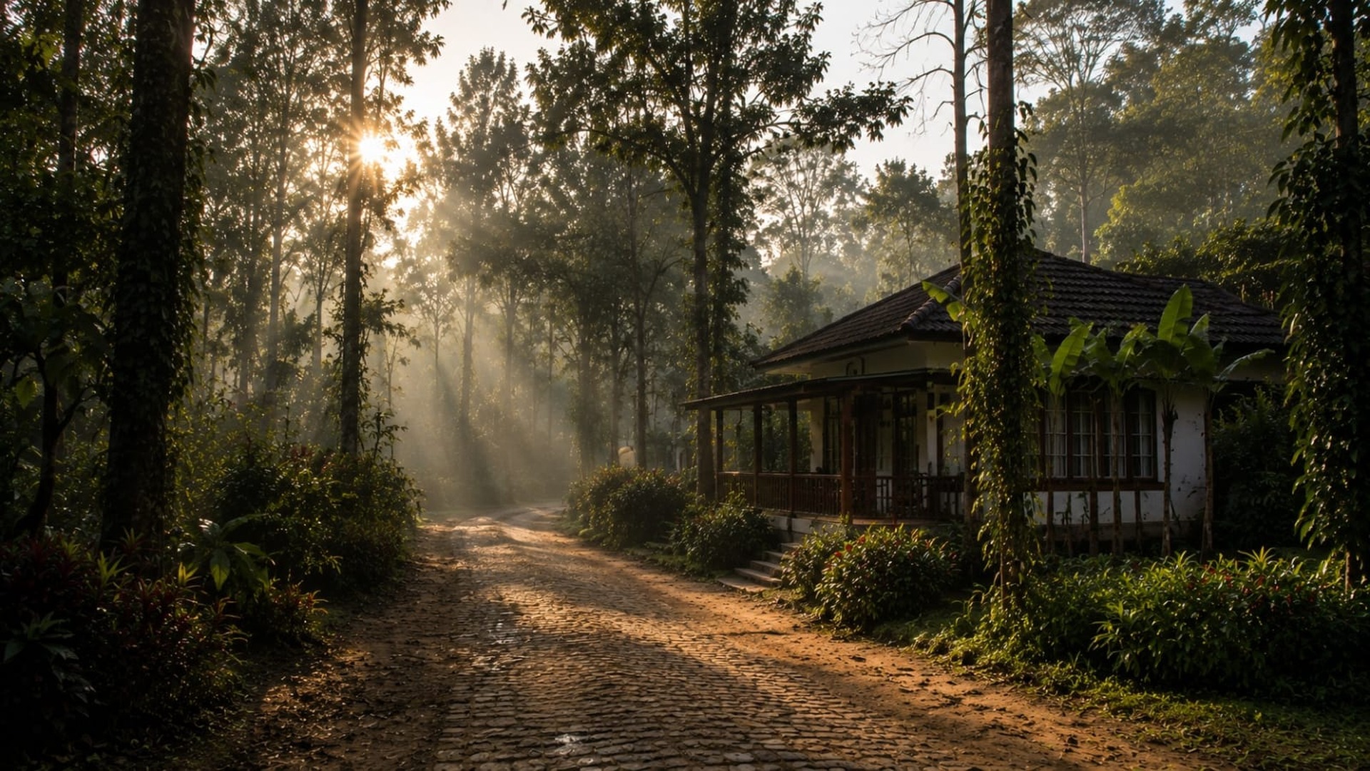 Coorg forest homestay surrounded by trees and soft morning light