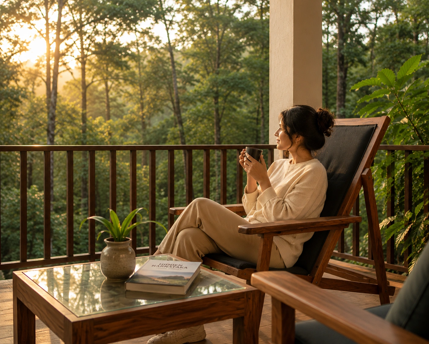 Guest relaxing on a balcony surrounded by forest views