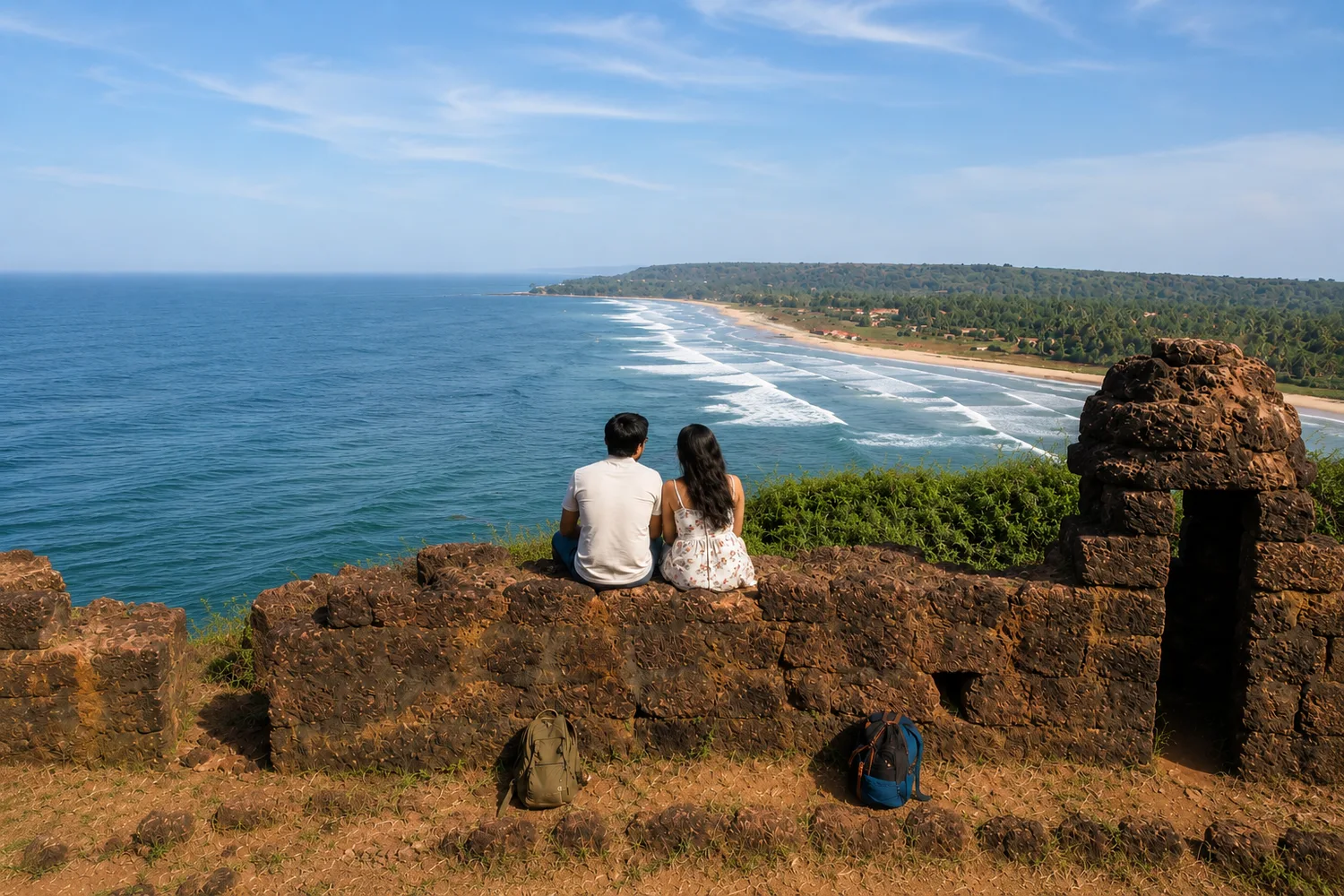 Couple at Chapora Fort overlooking the Goa coastline